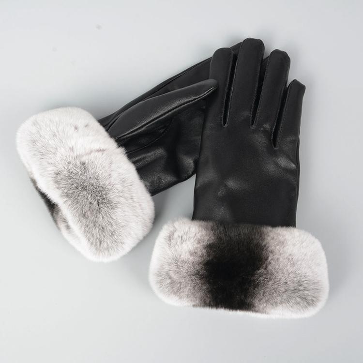 Women Fashion Sheepskin Mittens Winter Real Leather Gloves With Rabbit Fur