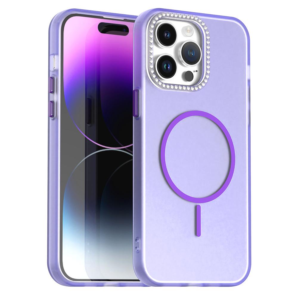 For iPhone 14 Pro Case Compatible with MagSafe TPU+PC+PET Phone Cover Rhinestone Decor Lens Frame