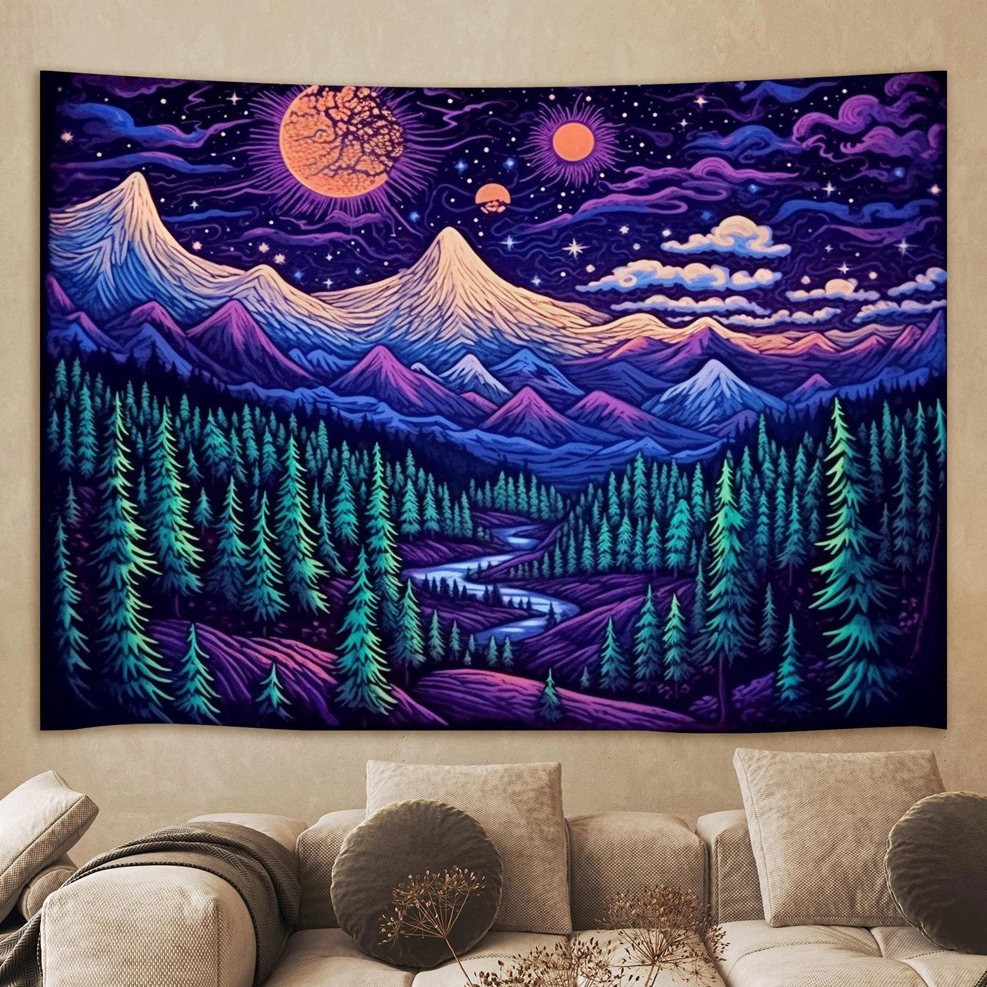 Neon Secret Realm Forest Tapestry Bohemian Starry Sky Background Cloth Living Room Dormitory Decoration Room Decoration 100X70CM