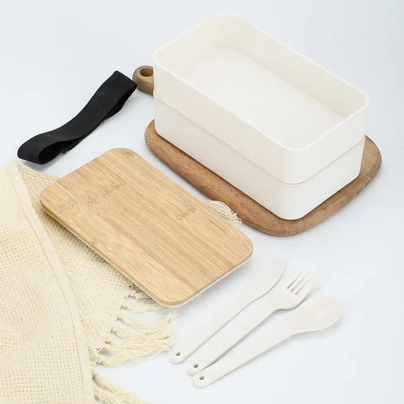 Neue Bento-Box im japanischen Stil, minimalistische doppelschichtige Lunchbox mit Messer, Gabel und Löffel, unterteilt in Studenten-Lunchbox