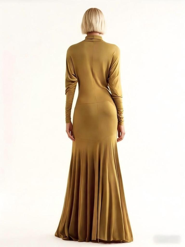 European-Style Slim Fit Turtleneck Long Sleeve Solid Color Formal Dress (2025)