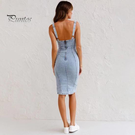 Dame Sommer Denimkjole Lav U-hals Ryggløs Ermeløs Glidelåslukking Slim Fit Distressed Sidesplitt Retro Etui Midi-kjole