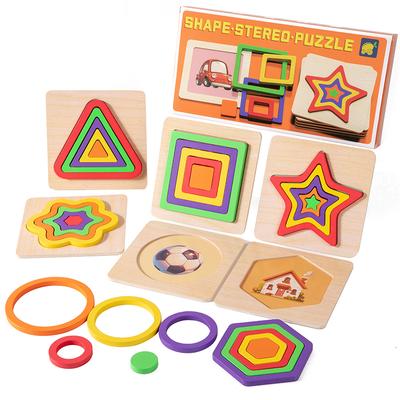 Holz Geometrische Bunte Puzzles 3D Formen Kognitionsbrett Montessori Puzzle Lernspielzeug für Kleinkinder Farbe Form Lernen