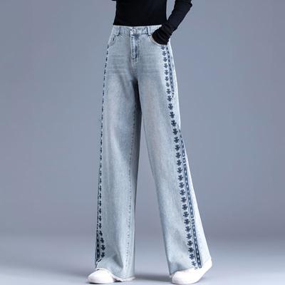 Fashion Embroidered Lace Spliced Wide Leg Denim Pants for Women