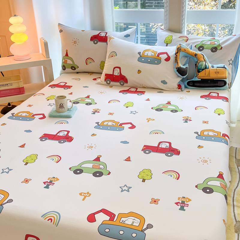 1Pc Cotton Bed Sheet For Kids Cartoon Style Car Printed Fitted Sheet With Elastic Band For Boys Pure Cotton Single Bed Cover