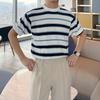 Korean Contrasting Colors T-shirts Summer Stylish Striped Round Neck Men's Casual Short Sleeve Basic Knitted Pullovers