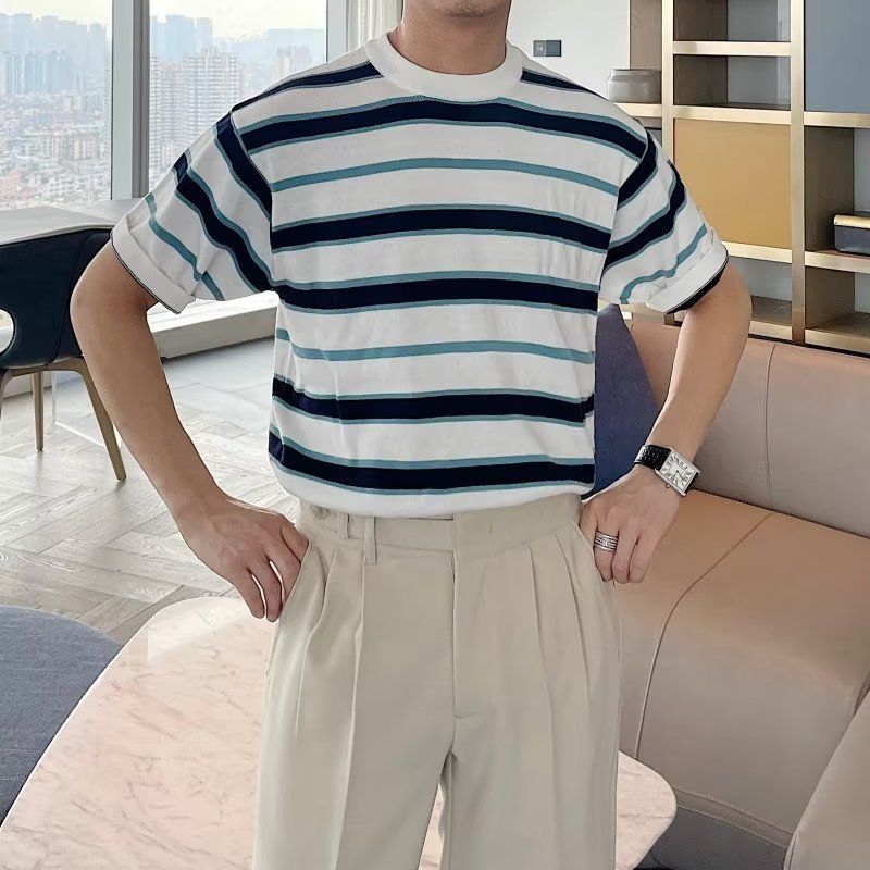 Korean Contrasting Colors T-shirts Summer Stylish Striped Round Neck Men's Casual Short Sleeve Basic Knitted Pullovers