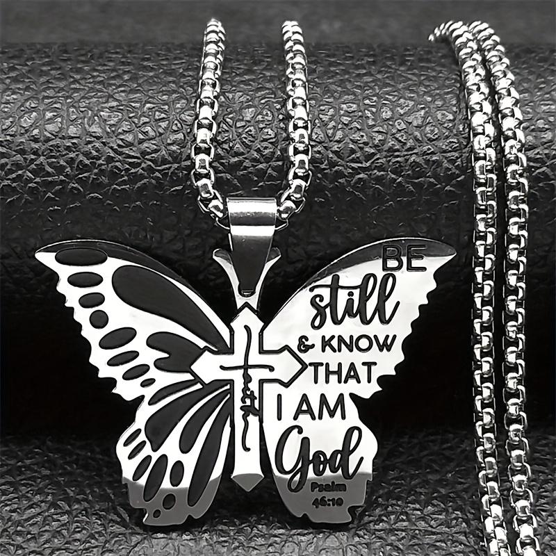 

Butterfly Cross Scripture Pendant Necklace, Fashionable Stainless Steel Silvery Necklace, Jewelry Gift 60cm/24in Box