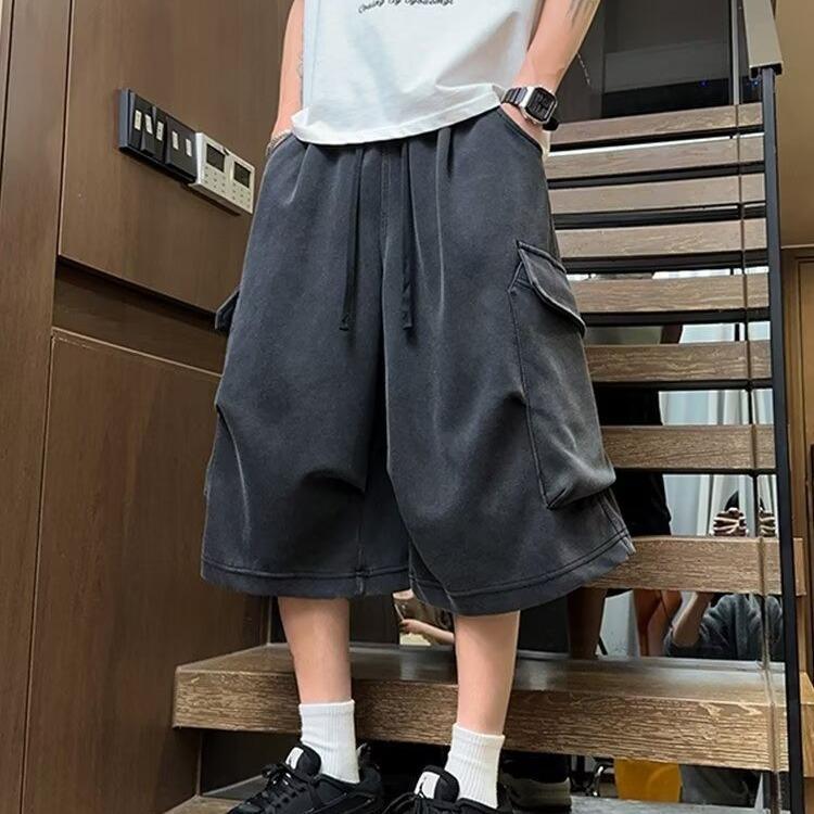 New summer multi-pocket cropped pants men's functional overalls are old casual straight-washed female paratroopers without