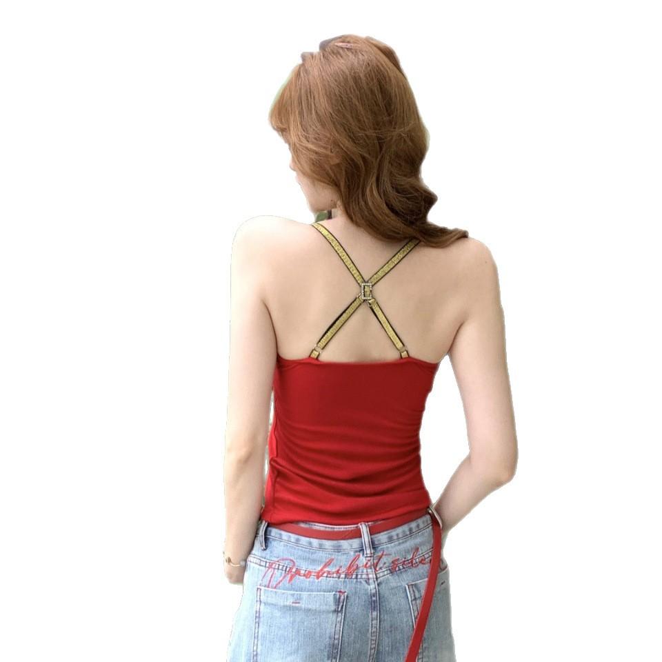 #Summer new pure desire wind fake two-piece contrasting color splicing sling vest female slim one-piece with chest pad