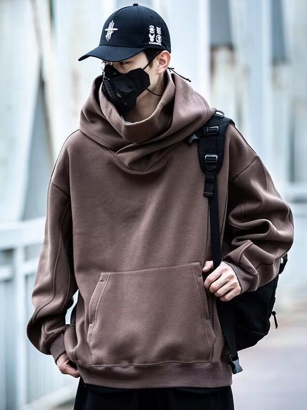 Unisex High-Neck Hooded Sweatshirt: Heavyweight, Functional, Loose-Fit Top for Spring, Autumn, Winter - Trendy, Casual, and High Street Style.