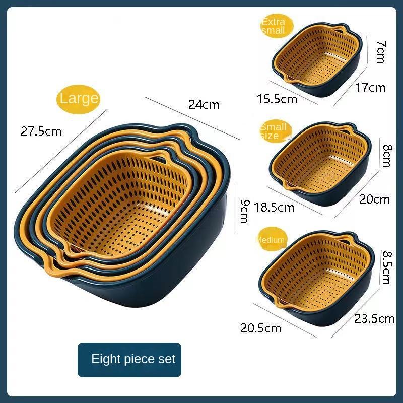 2/6/8PC Nestable Double-Layer Drain Basket Set - Durable Plastic Strainers for Efficient Fruit and Vegetable Washing - Kitchen M