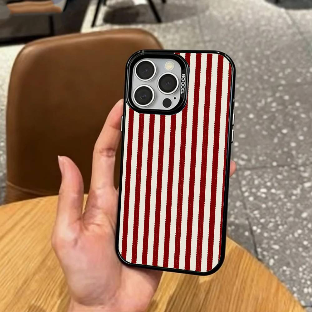 B-Burgundy White Stripe    Phone Case For iPhone17,16,15,14,13,12,11 Plus,Pro Max Colored Silver Plated Inside Cover