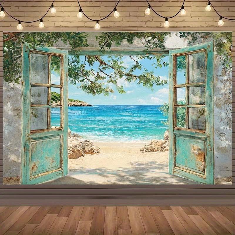 1pc, 2D flat, sea view window beach theme background - for photography background, home decoration, summer decoration, wsj