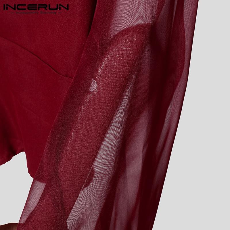 INCERUN Men Deep V Neck Long Sleeve Patchwork Mesh Sheer Buttons Slim Waist Party T-shirts