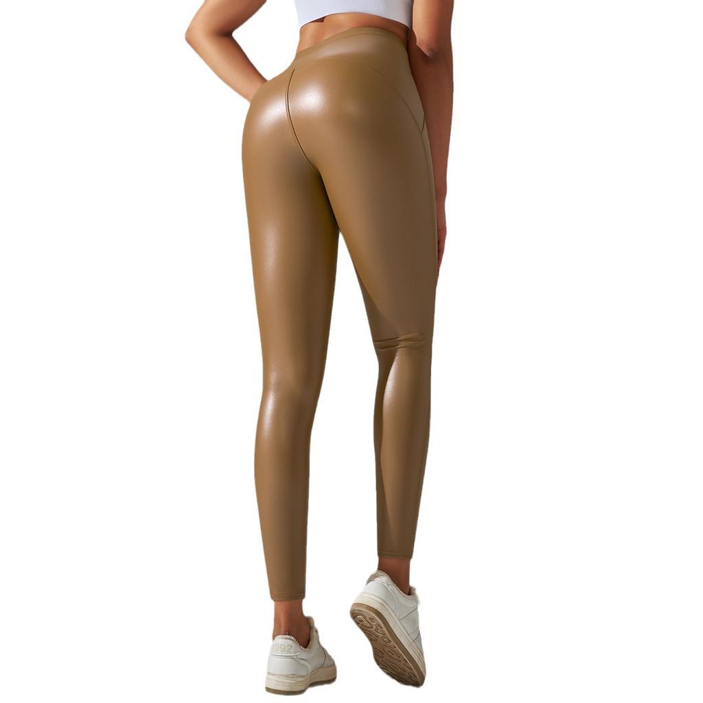 European and American high-waisted hips, belly and waist PU leather pants inner grinding yoga leggings leather pants nine-point pants