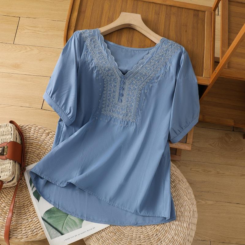 Baumwolle Leinen Blume Stickerei Shirt Frauen Kurzarm V-Ausschnitt Casual Blusen Lose Einfarbig Mutter T-shirt Frauen Top