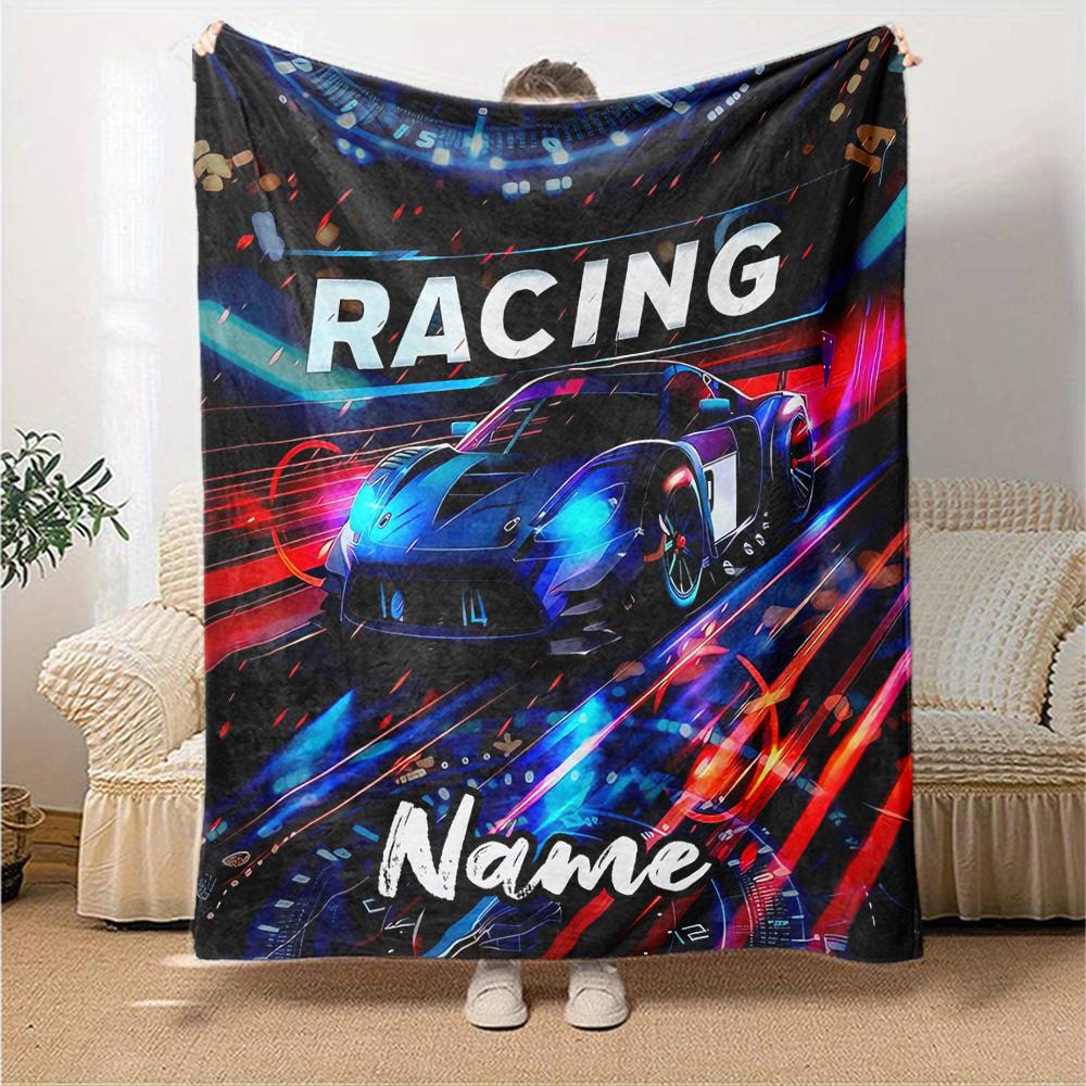 Custom Name Racing Theme Printed Blanket - Perfect for Couch, Bed, Travel & Outdoor Use | Machine Washable, Cozy & Durable.