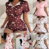 Women's Heart Print Cotton-Look Pajama Set - Lapel, Short Sleeve, Bowknot Shorts Homewear