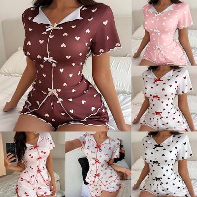 Women's Heart Print Cotton-Look Pajama Set - Lapel, Short Sleeve, Bowknot Shorts Homewear