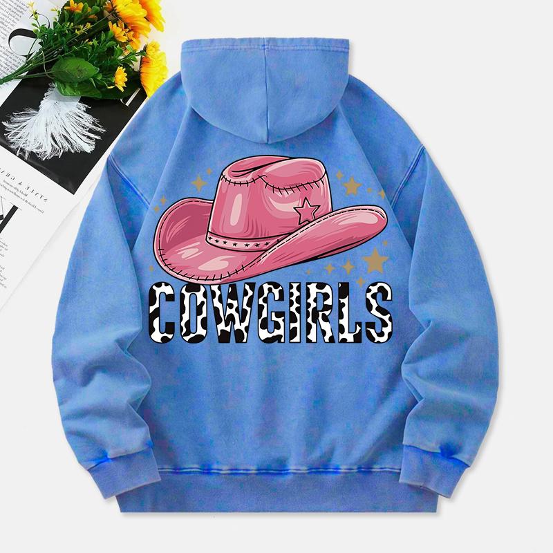 Cow Girls Washed Hoodies Women Pink Hat Prints Cotton Sweatshirts Long Sleeves Pocket Oversized Hooded Clothes