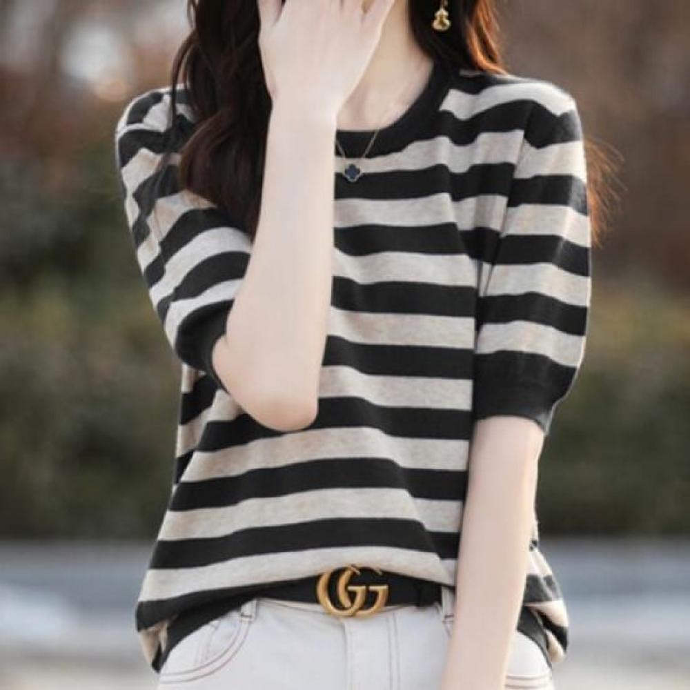 Navava Women Casual STriped 5 8 Sleeve Round Neck KniT T shirT Nk2239