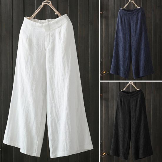 Casual Women Solid Color Elastic Waistband Wide Leg Trousers Loose Long Pants