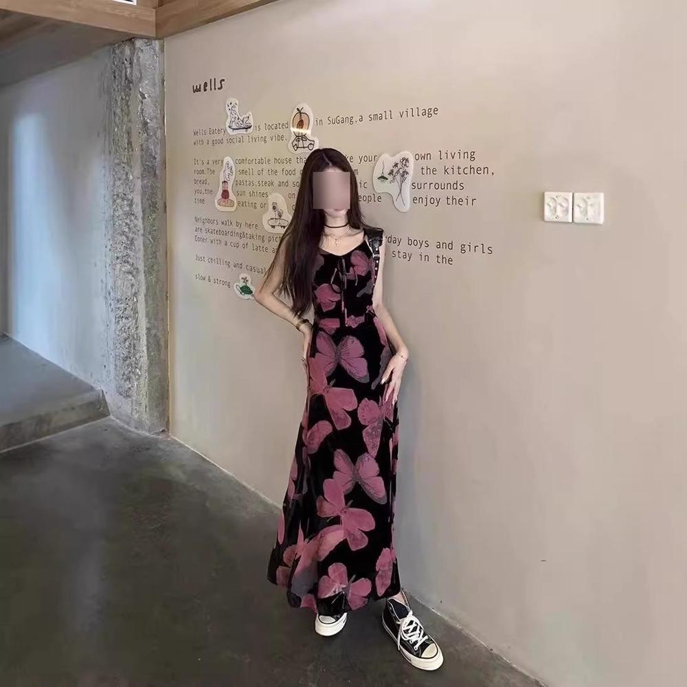 Vintage butterfly print dress women's spring and summer girl style slip skirt with a variety of temperament