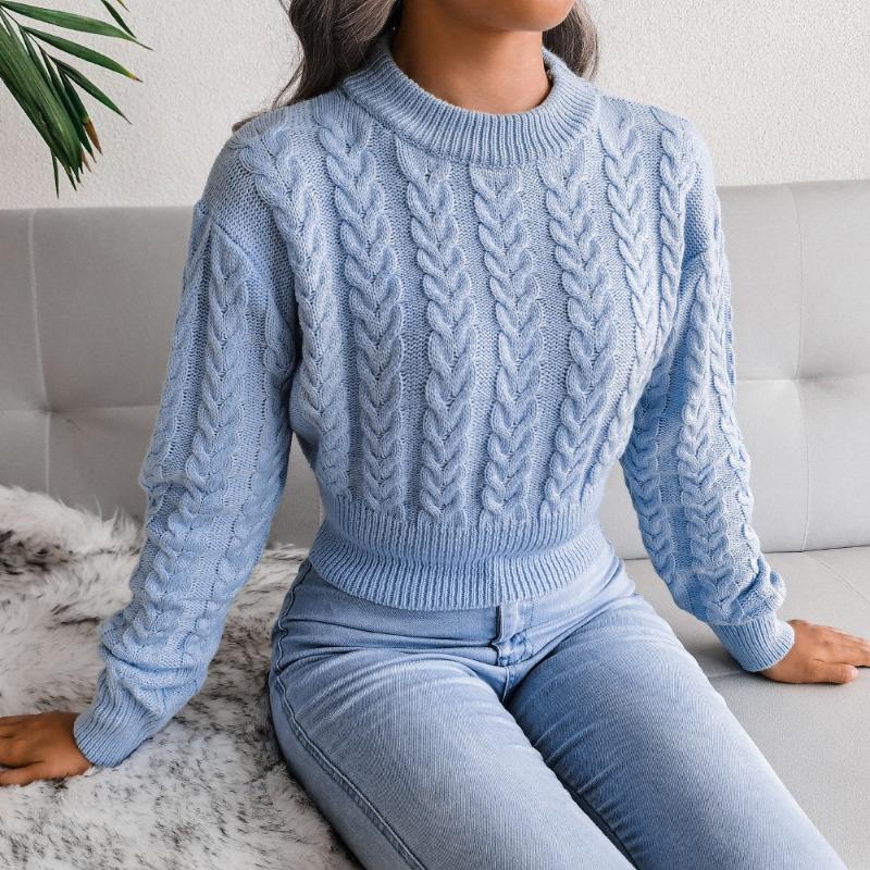 Autumn and winter new solid color twist knitted long-sleeved round neck pullover waist sexy spice sweater women