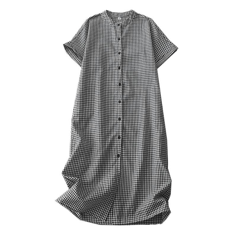 Summer New Retro Shirt Skirt Medium and Long Loose Small Stand-up Collar Temperament Plaid Dress