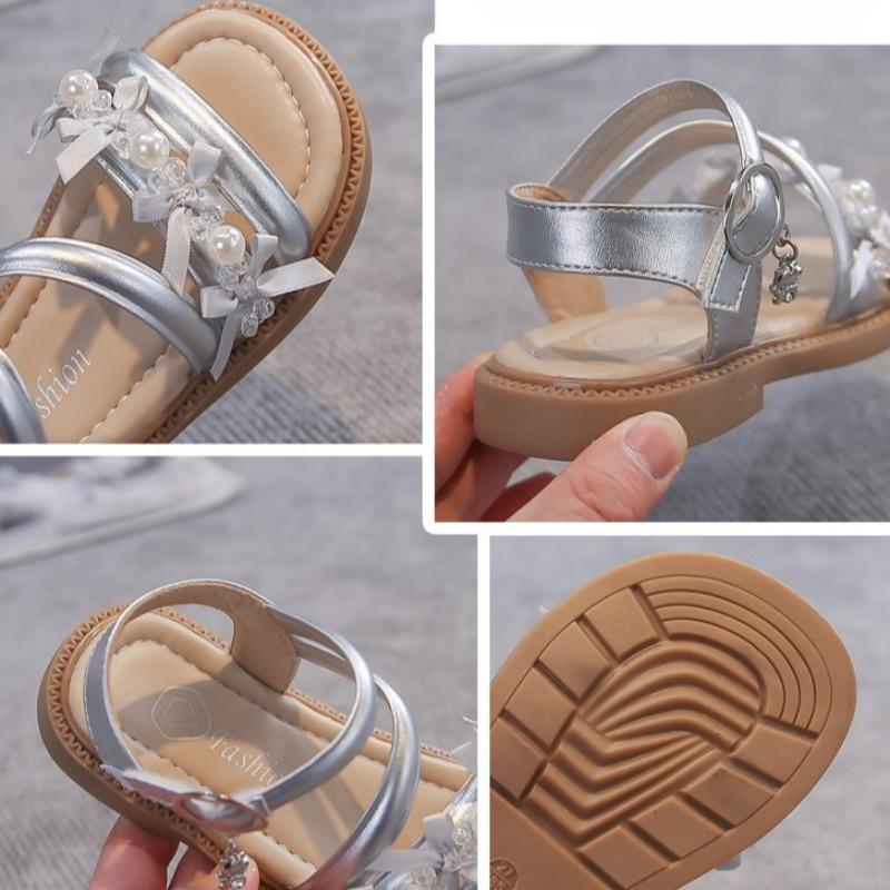 Girls Pearl Sandals Comfort Non-Slip Beach Shoes Hook & Loop Princess Sweet Beach Sandals