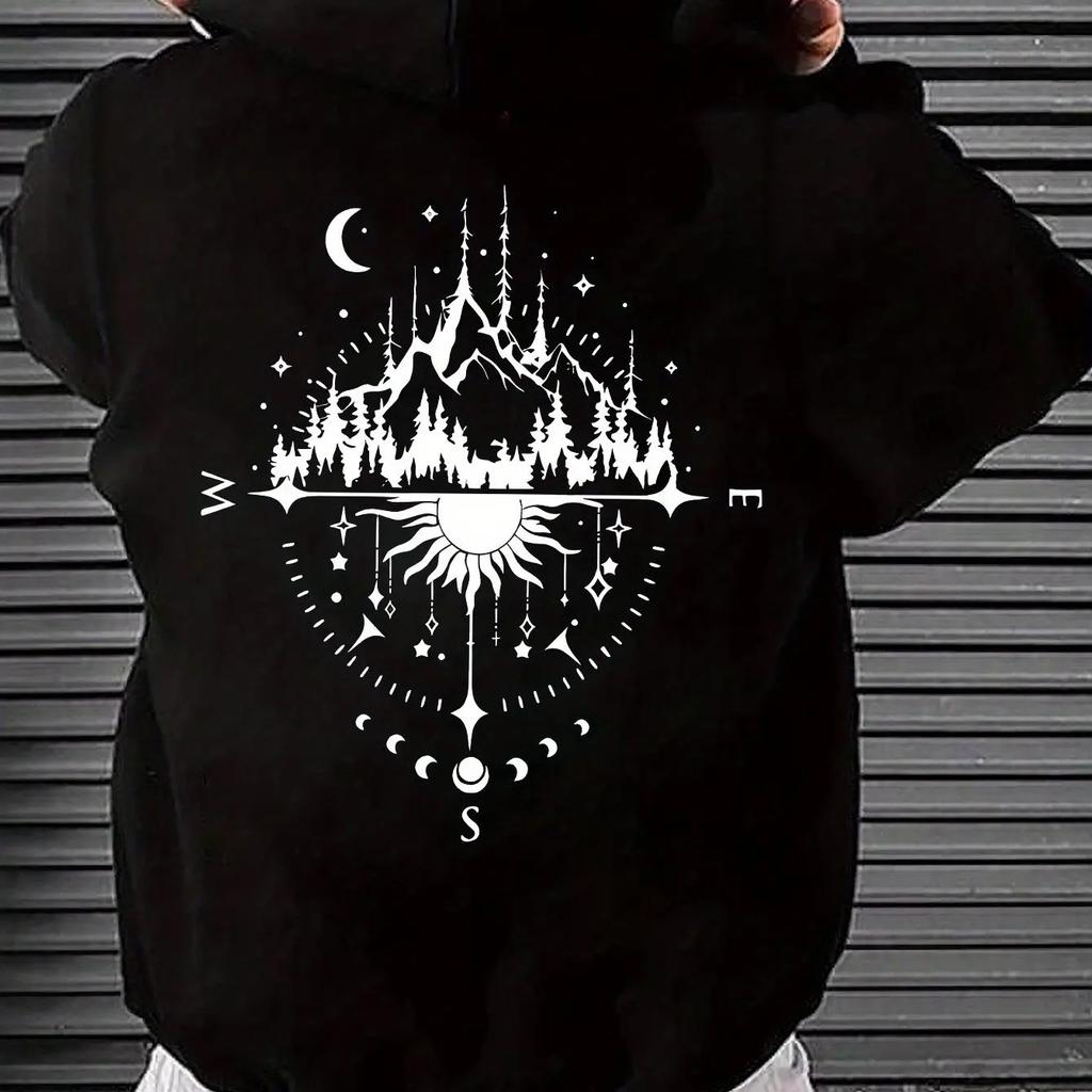 Occult Compass Mountain Forest Hoodie Unisex Men Women Sun Moon Phase Back Print Graphic Casual Streetwear Pullover Sweatshirt