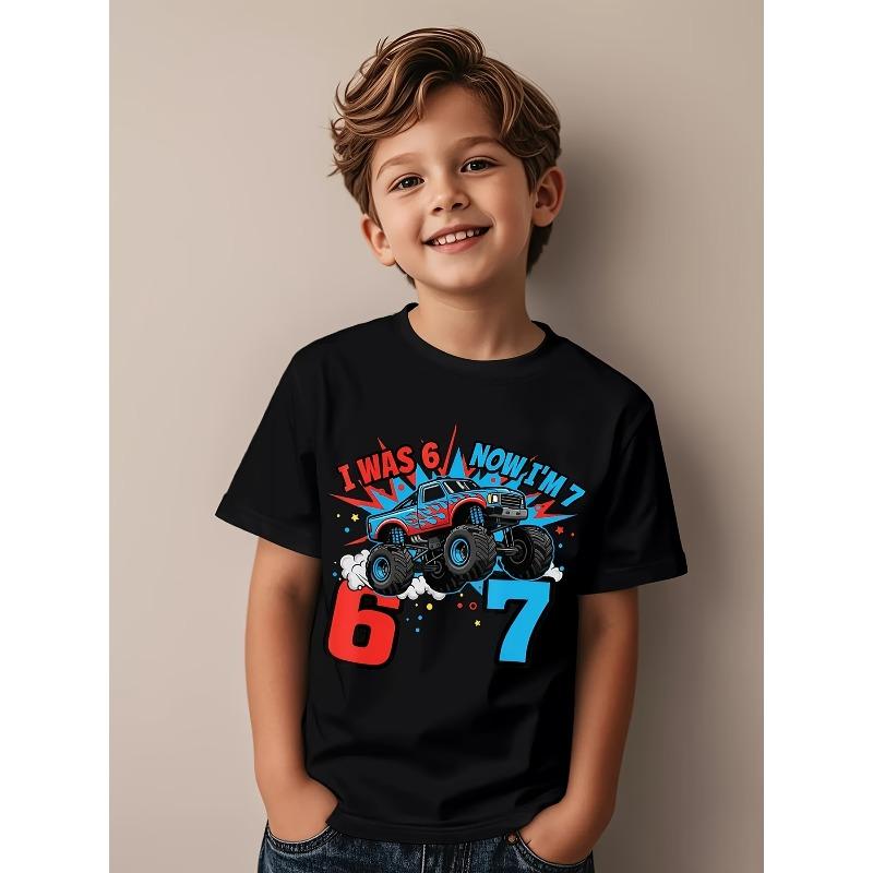European sizes 7th Birthday Monster Truck No. 6 I'm Now 7 Years Old "67" Funny Aesthetic Print Kids' T-Shirt