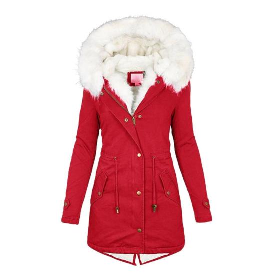 Abrigo de invierno de algodón para mujer, talla grande, capucha de piel sintética, forro polar, cremallera y botón a presión.