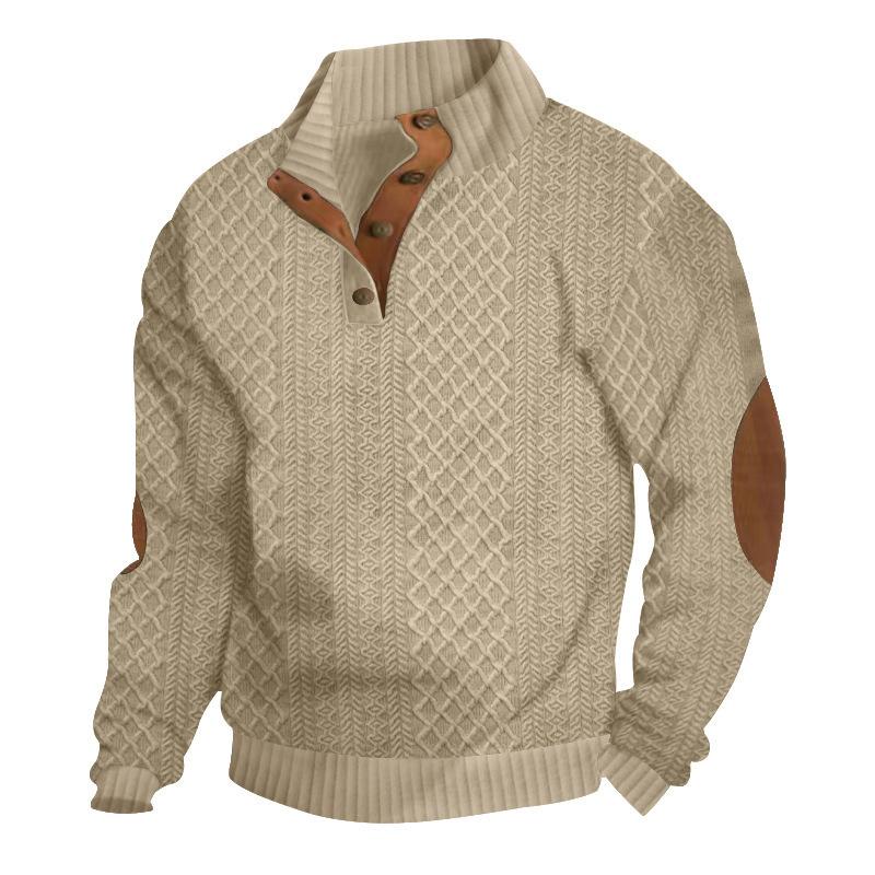 Men's Autumn/Winter Jacquard Knit Pullover Sweatshirt with Standing Collar and Leather Elbow Patches