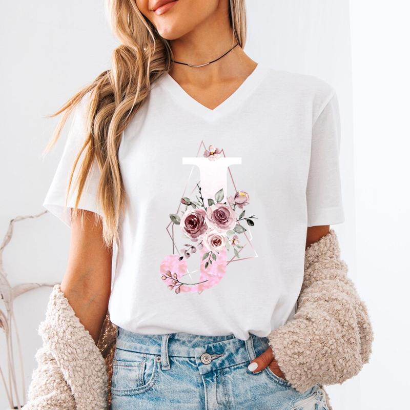 New Unisex T Shirt AZ Name Letter Print Short Sleeve Tee Letters ABCD Casual Tops Tees Floral Initial Unisexs VNeck TShirt