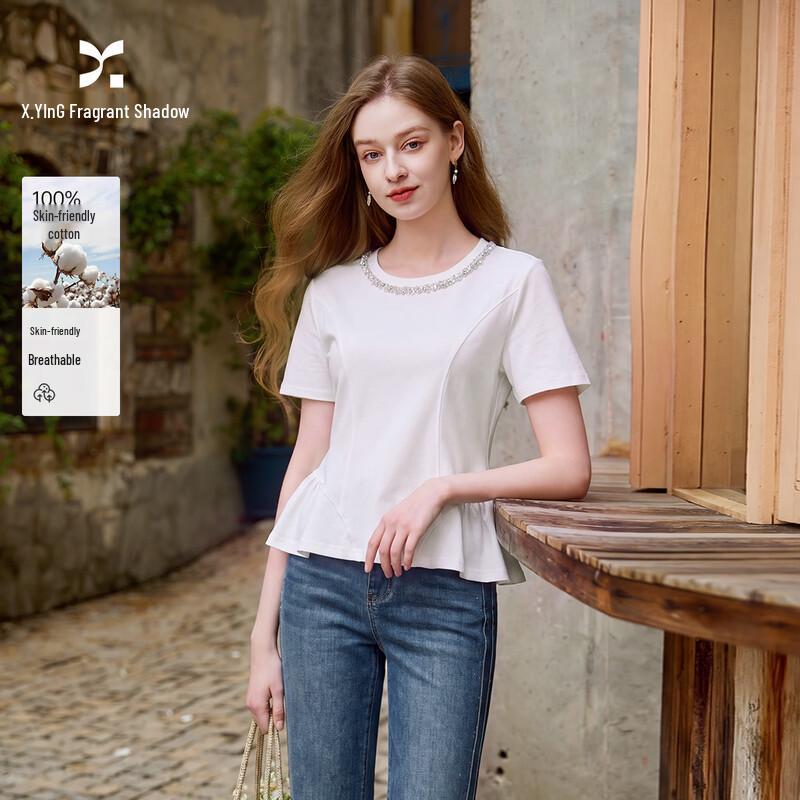 Xiangying Women s Beaded Round Neck Slim Fit Cotton T-Shirt L белый