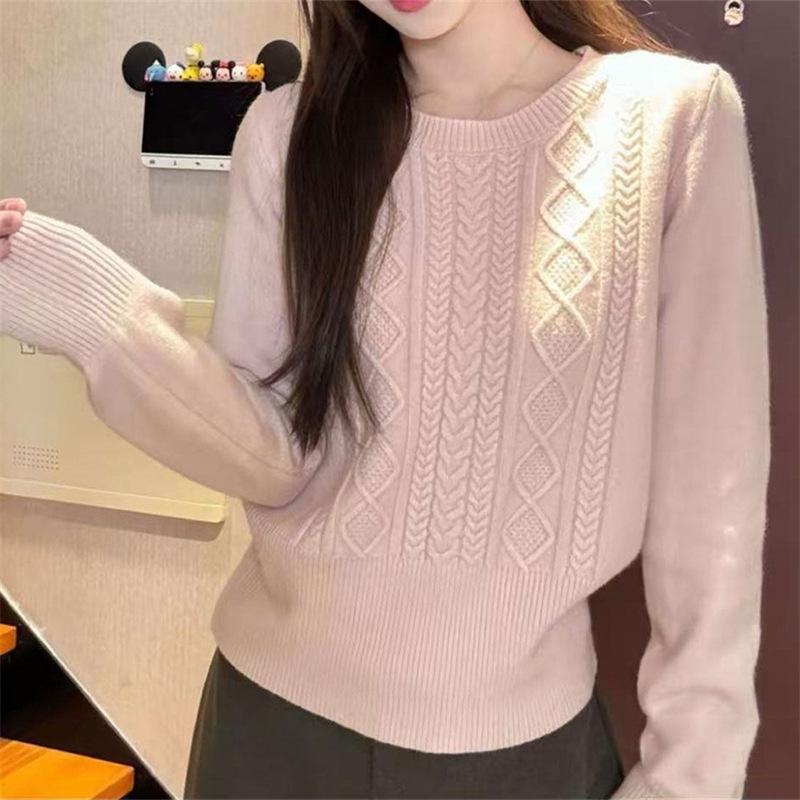 Korean Minimalist Round Neck Cable Knit Sweater for Women - Slimming Waist-Cinch, Autumn/Winter Versatile Short Top
