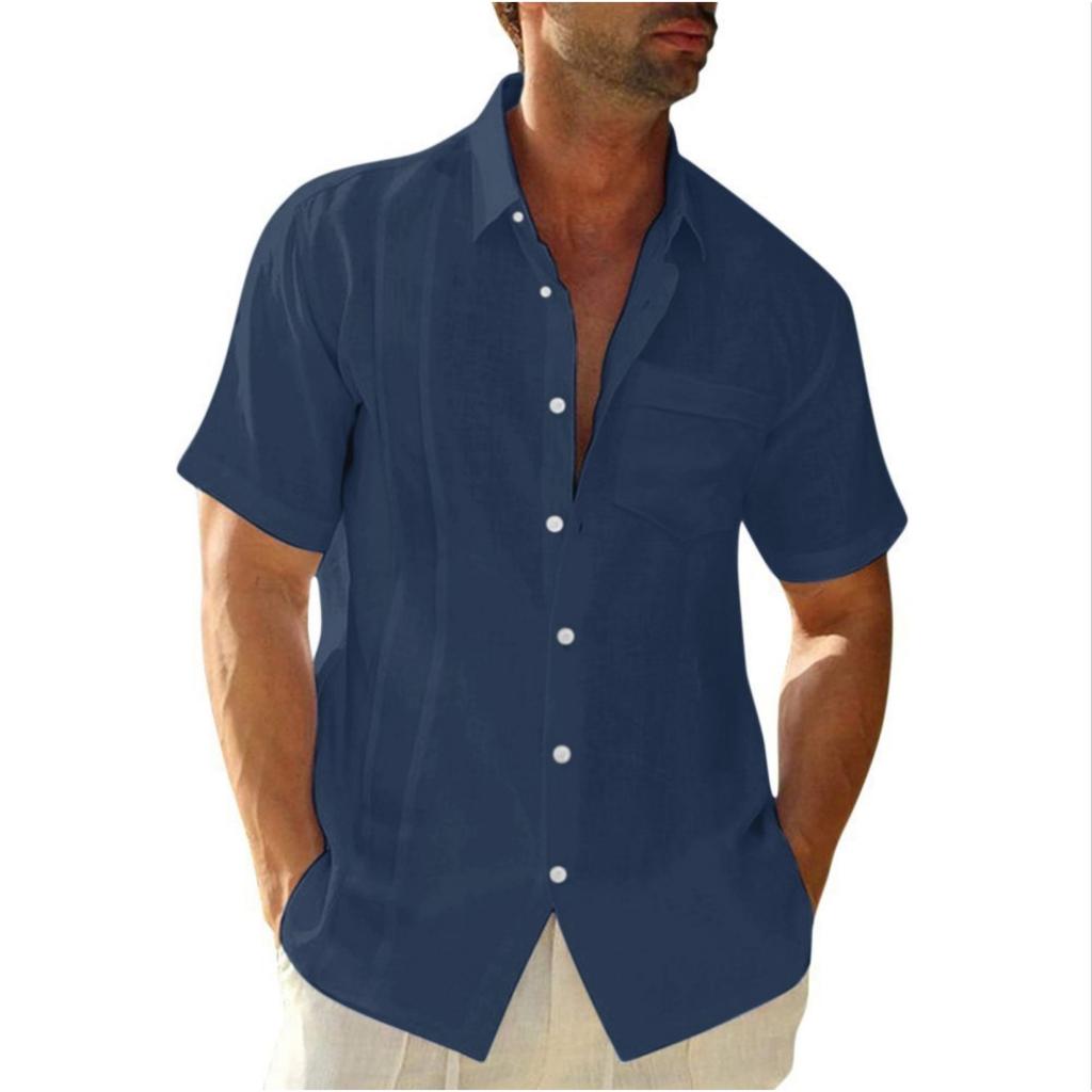 Men's Casual And Fashionable -color Lapel Button Cardigan, Cotton And Linen Men's Short-sleeved Top