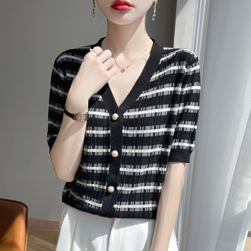 

Женский летний вязаный кардиган с V-образным вырезом, свободный, контрастный, в полоску, с коротким рукавом, модная повседневная куртка-топ XL чёрный