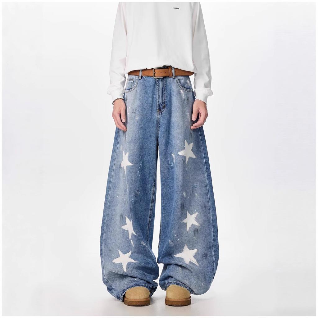 Distressed painted graffiti five-pointed star jeans for men, new summer loose straight-leg versatile casual wide-leg long pants