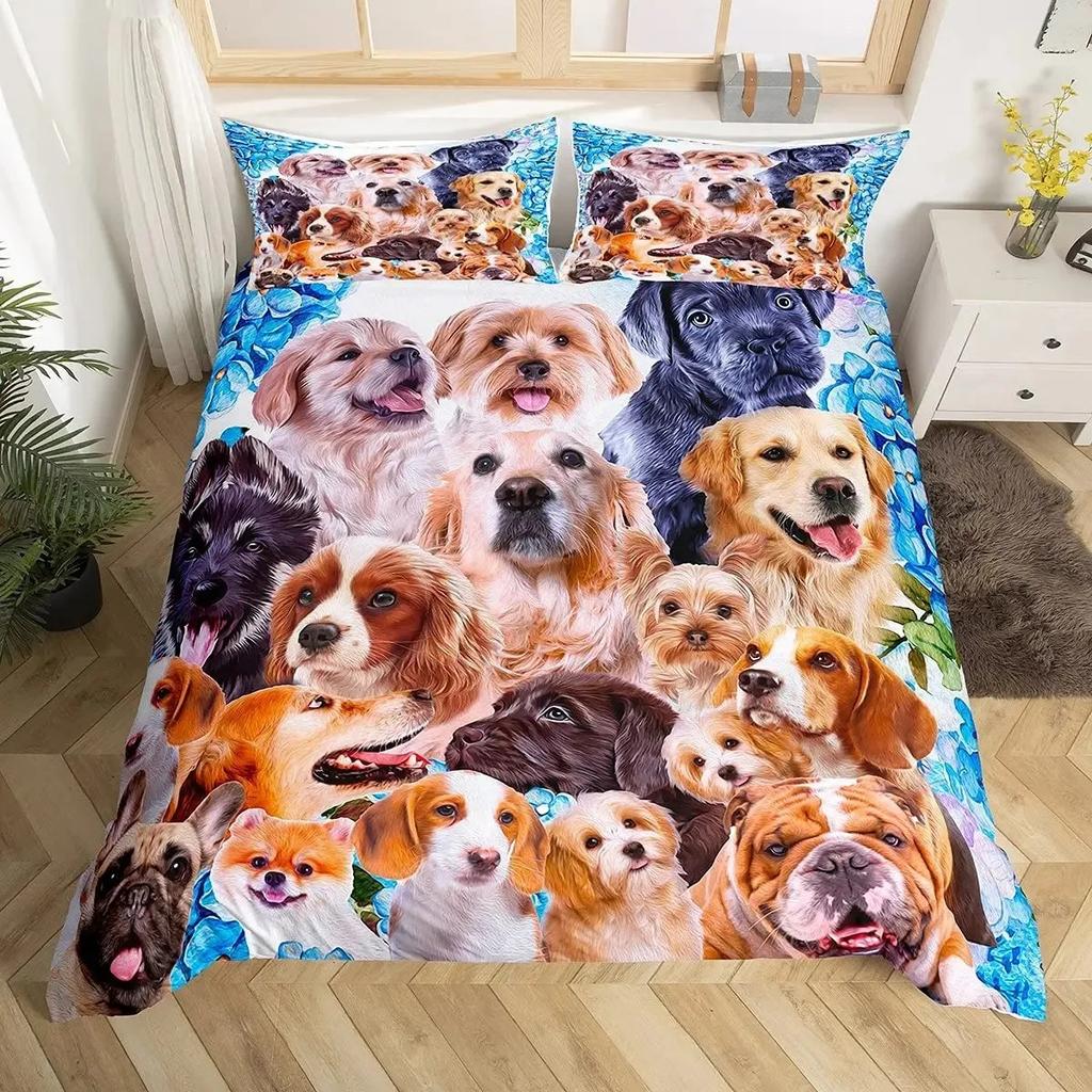 Katzen- und Hunde-Bettbezug-Set Mops Bettwäsche-Set Kawaii Welpe Tier Bettdeckenbezug Valentinstag Liebesherz Hochzeit Steppdeckenbezug