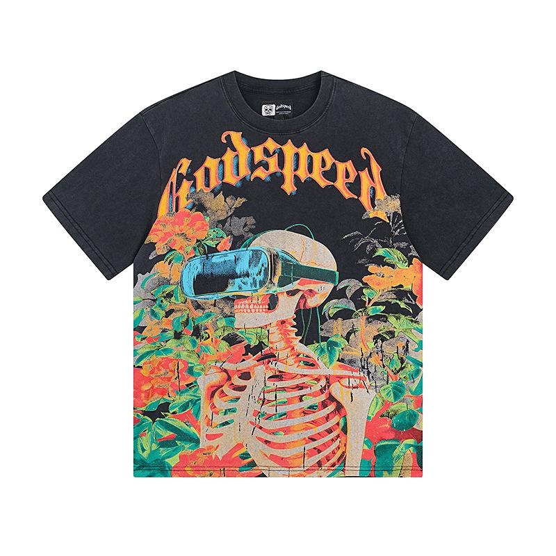 Cross-border trendy brand GS Skull Band Alphabet Printing Washing Water Short Sleeve Loose T-Shirt Men's and Women's High Street Retro Half Sleeve