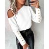 Women’s Plain-Coloured Metal-Buttoned Off-the-Shoulder Button-Up Shirt for Autumn/Winter
