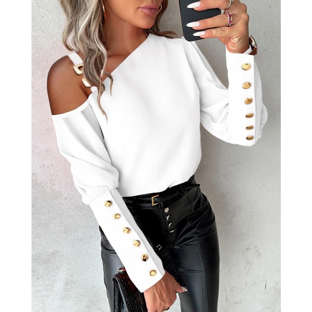 Women’s Plain-Coloured Metal-Buttoned Off-the-Shoulder Button-Up Shirt for Autumn/Winter