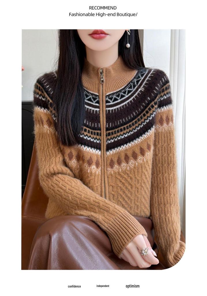 2026 A/W Pure Wool Jacquard Cardigan: Thickened, Seven-Stitch, Double Zipper, Half-High Neck.