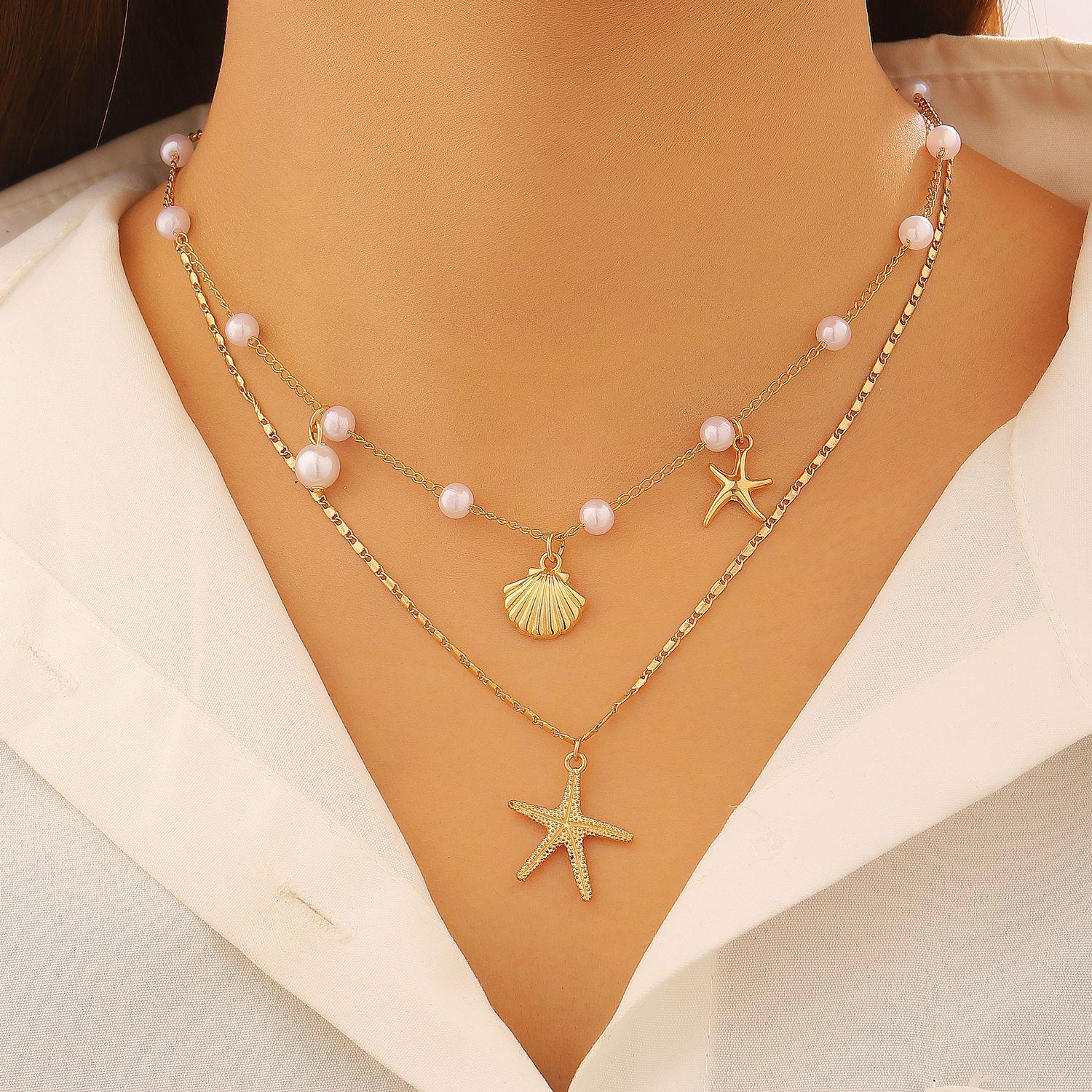 Summer Ocean Resort Style Multi-layer Starfish Shell Pearl Necklace