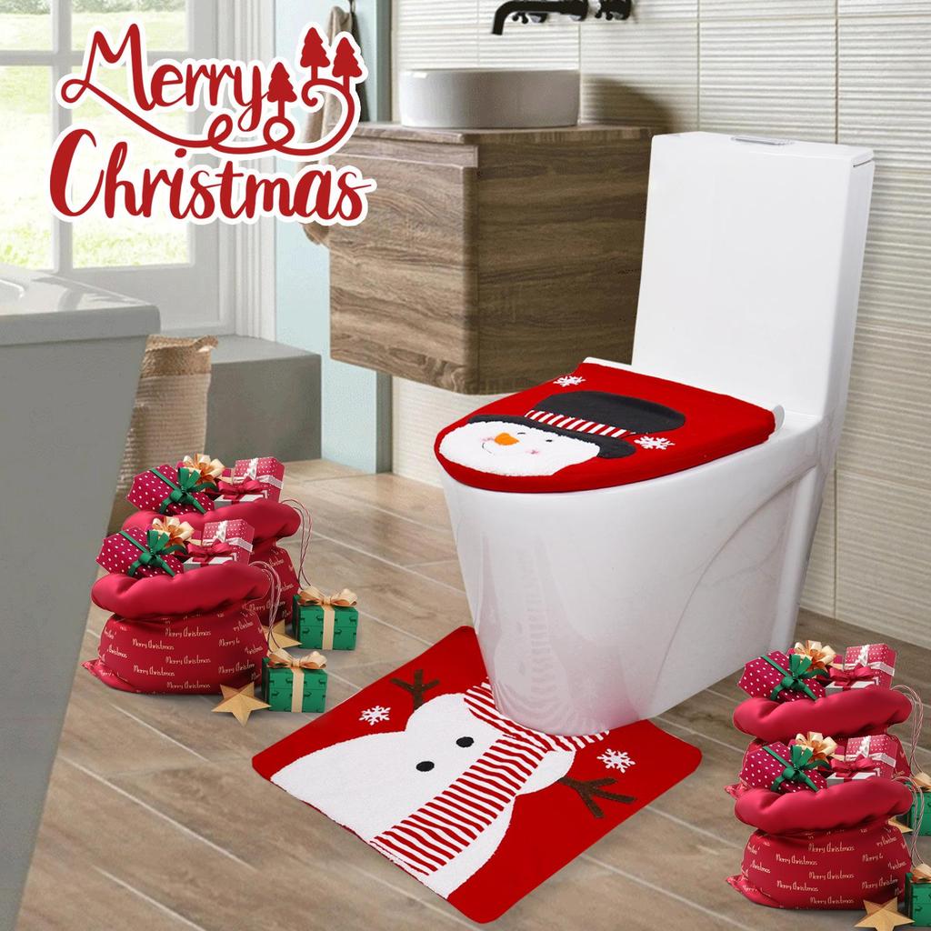 Christmas Toilet Seat Cover Set: Santa, Snowman & Reindeer 2-Piece Bathroom Decor.