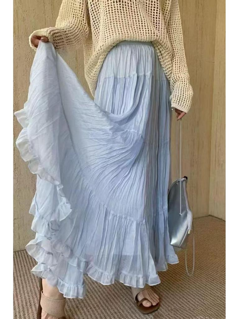 Spring 2026 Women's High-Waisted Ruffled Mesh A-Line Maxi Skirt - Gentle & Slimming