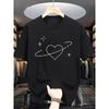 European Sizes Men's Summer Casual Short Sleeve T-Shirt with Celestial Star & Planet Print, Heart & Question Mark Graphic, Regular Fit Round Neck